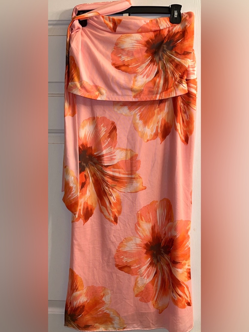 Peach Floral Tube Top and Maxi Skirt with Bold Orange Blooms